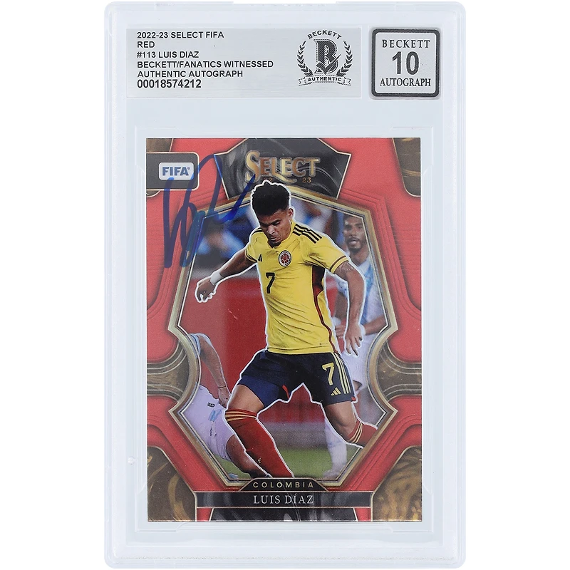 Luis Diaz Colombia National Team Autographed 2022-23 Panini Select FIFA Red Prizm #113 Beckett Fanatics Witnessed Authenticated Auto 10 Card