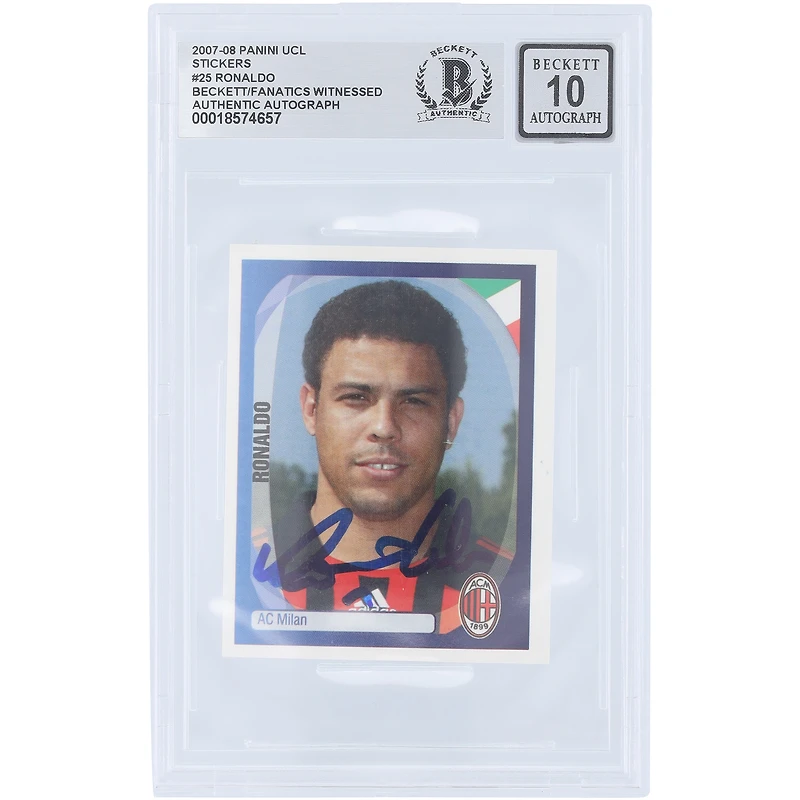Ronaldo AC Milan Autographed 2007-08 Panini UEFA Champions League Sticker #25 Beckett Fanatics Witnessed Authenticated Auto 10 Card