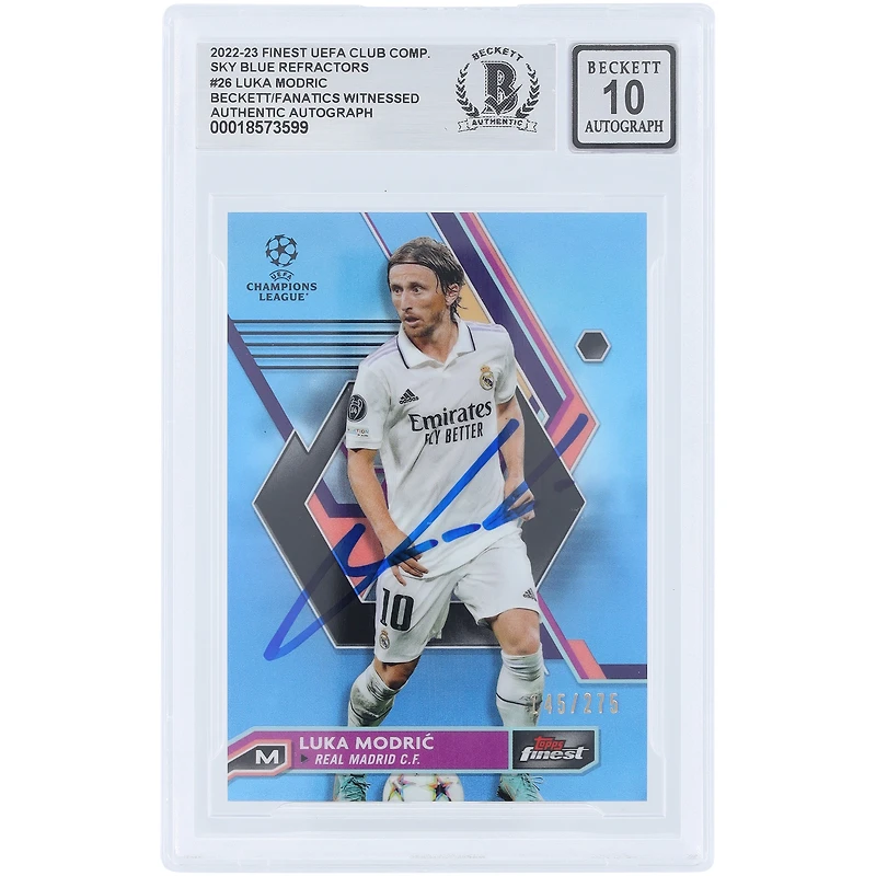 Luka Modric Real Madrid Autographed 2022-23 Topps Finest UEFA Sky Blue Refractor #26 #/275 Beckett Fanatics Witnessed Authenticated 10 Card