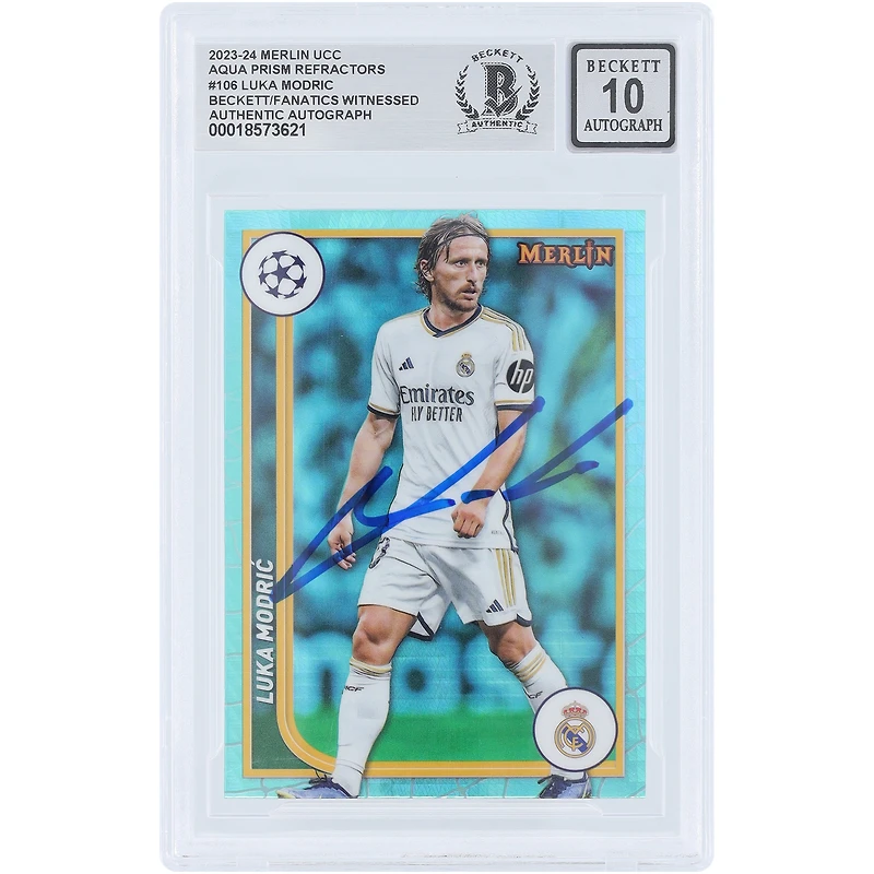 Luka Modric Real Madrid Autographed 2023-24 Topps Merlin UEFA Aqua Prism Refractor #106 Beckett Fanatics Witnessed Authenticated 10 Card