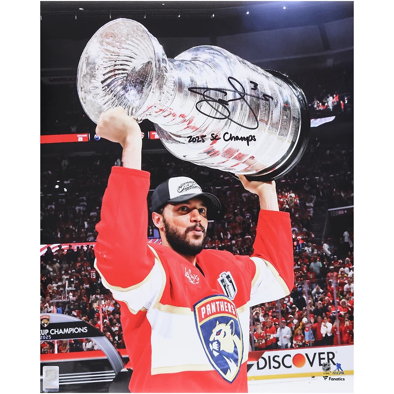 Seth Jones Florida Panthers Autographed 2025 Stanley Cup Champions 16" x 20" Raising Cup Photograph with "2025 SC Champs" Inscription