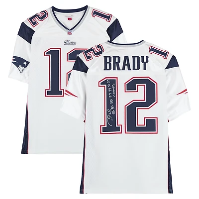 Tom Brady New England Patriots Autographed White Mitchell & Ness 2000 Authentic Jersey with "SB 36 38 39 49 51 53 Champs" Inscription
