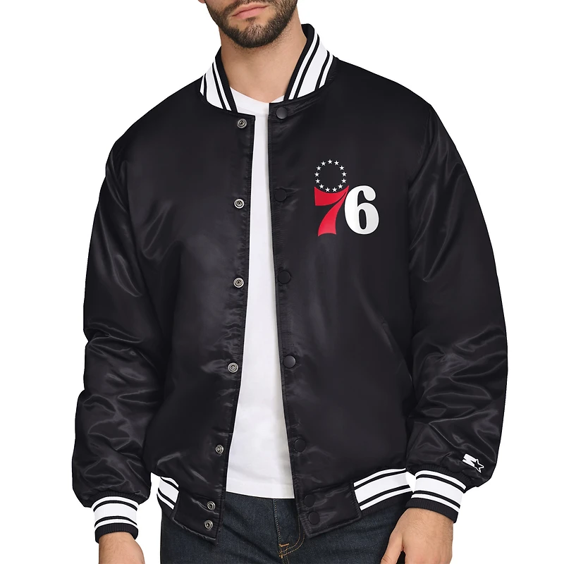 Men's Starter Black Philadelphia 76ers Triangle Full-Snap Varsity Jacket