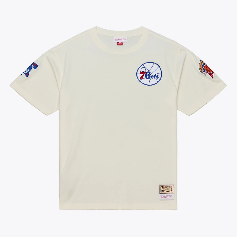 Men's Mitchell & Ness Cream Philadelphia 76ers Hardwood Classics Chainstitch Premium T-Shirt