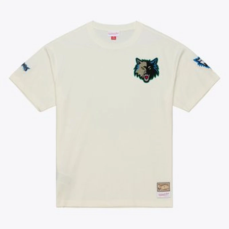 Men's Mitchell & Ness Cream Minnesota Timberwolves Hardwood Classics Chainstitch Premium T-Shirt