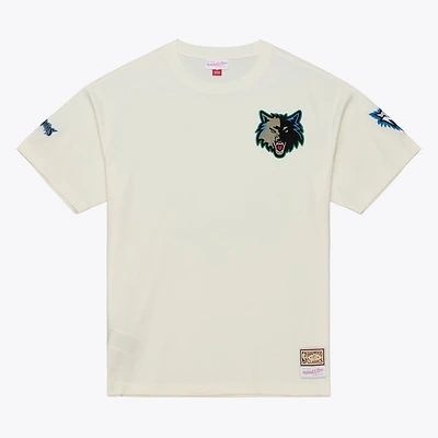 Men's Mitchell & Ness Cream Minnesota Timberwolves Hardwood Classics Chainstitch Premium T-Shirt