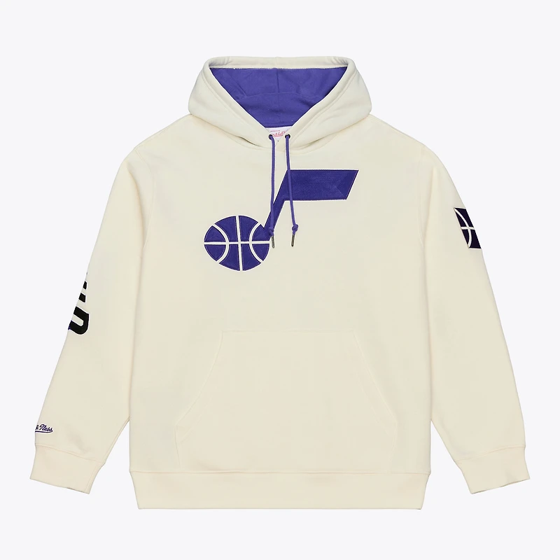 Men's Mitchell & Ness Cream Utah Jazz Hardwood Classics Chainstitch Premium Fleece Hoodie