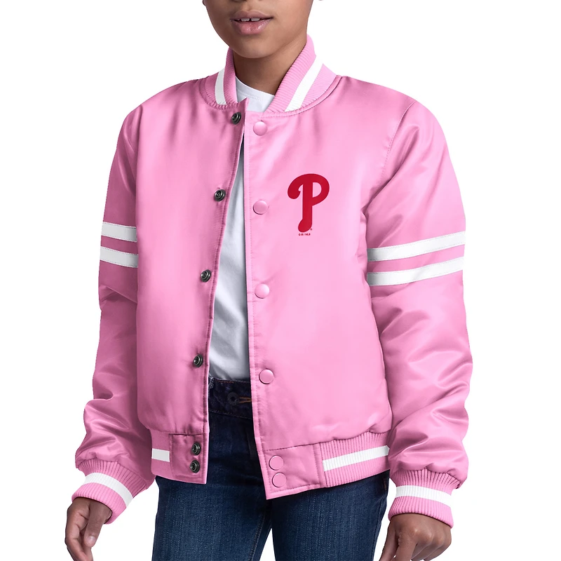 Youth Starter  Pink Philadelphia Phillies Team Logo Full-Snap Satin Varsity Jacket