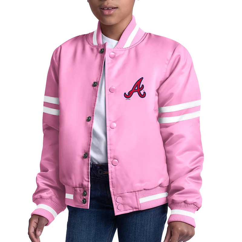 Youth Starter  Pink Atlanta Braves Team Logo Full-Snap Satin Varsity Jacket