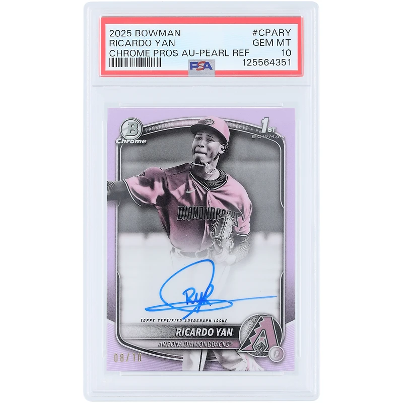 Ricardo Yan Arizona Diamondbacks Autographed 2025 Bowman Chrome 1st Bowman Pearl Refractor #CPA-RY #8/10 PSA Authenticated 10 Card