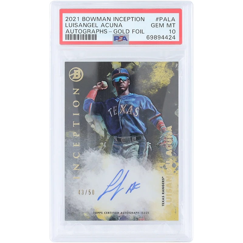 Luisangel Acuña Texas Rangers Autographed 2021 Bowman Inception Gold Foil #PA-LA #43/50 PSA Authenticated 10 Card