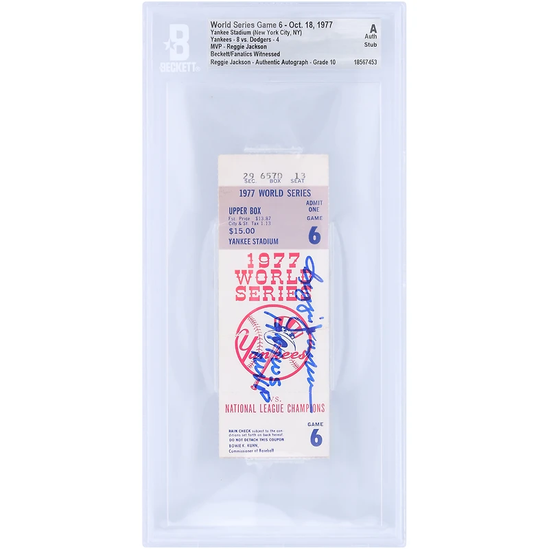 Reggie Jackson New York Yankees Autographed World Series Game 6 Stub Beckett Fanatics Witnessed Authenticated Auto 10 Ticket from October 18, 1977 with "1977 WS MVP" Inscription
