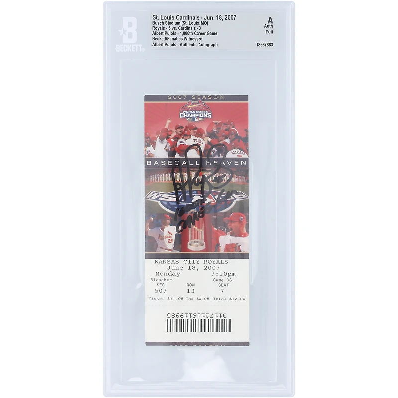 Albert Pujols St. Louis Cardinals Autographed 1,000th Career Game Beckett Fanatics Witnessed Authenticated Ticket from June 18, 2007 with "1,000th Career Game" Inscription