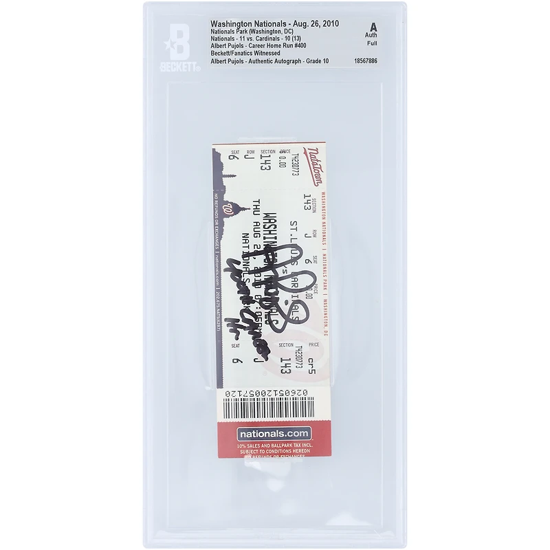 Albert Pujols St. Louis Cardinals Autographed Career HR 400 Beckett Fanatics Witnessed Authenticated Auto 10 Ticket from August 26, 2010 with "400th Career HR" Inscription