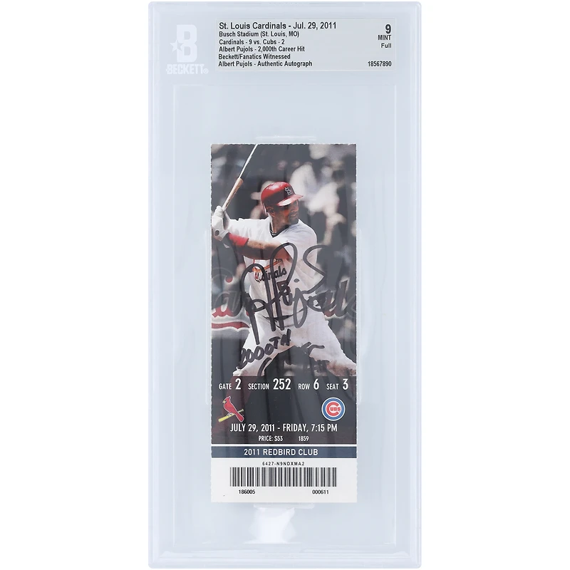 Albert Pujols St. Louis Cardinals Autographed Career Hit 2000 Beckett Fanatics Witnessed Authenticated Mint 9 Ticket from July 29, 2011 with "2000th Career Hit" Inscription