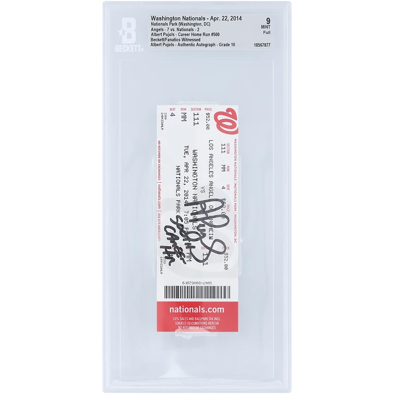 Albert Pujols Los Angeles Angels Autographed Career HR 500 Beckett Fanatics Witnessed Authenticated / Ticket from April 22