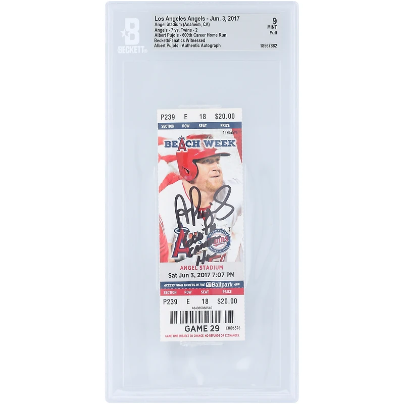 Albert Pujols Los Angeles Angels Autographed Career HR 600 Beckett Fanatics Witnessed Authenticated Mint 9 Ticket from June 3, 2017 with "600th Career HR" Inscription