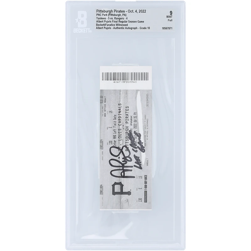 Albert Pujols St. Louis Cardinals Autographed Final Regular Season Game Beckett Fanatics Witnessed Authenticated / Ticket from October 4