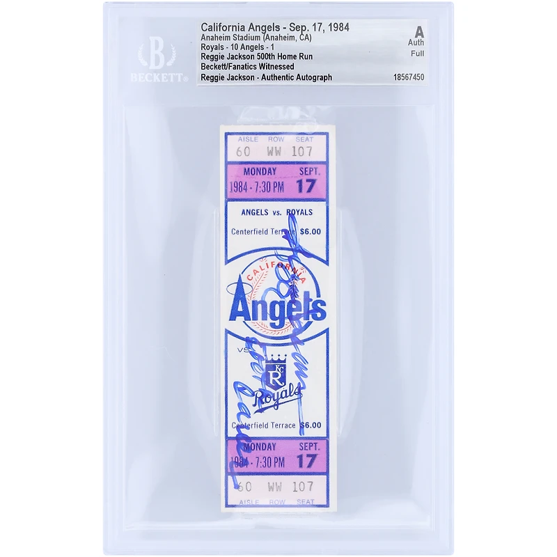 Reggie Jackson California Angels Autographed Career HR 500 Beckett Fanatics Witnessed Authenticated Ticket from September 17, 1984 with "500th HR" Inscription