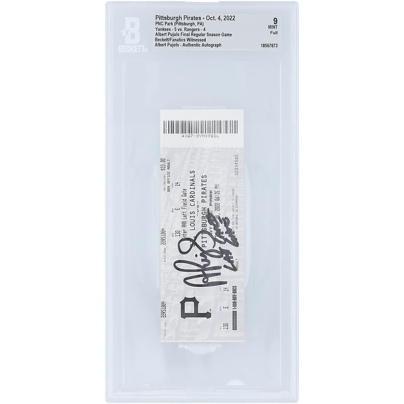 Albert Pujols St. Louis Cardinals Autographed Final Regular Season Game Beckett Fanatics Witnessed Authenticated Mint 9 Ticket from October 4, 2022 with "Last Career Game" Inscription