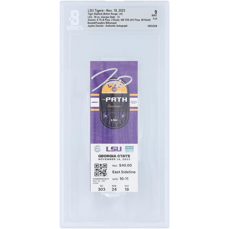 Jayden Daniels LSU Tigers Autographed 509 Total Yards, 8 Total Touchdown Game Beckett Fanatics Witnessed Authenticated Mint 9 Ticket from November 18, 2023
