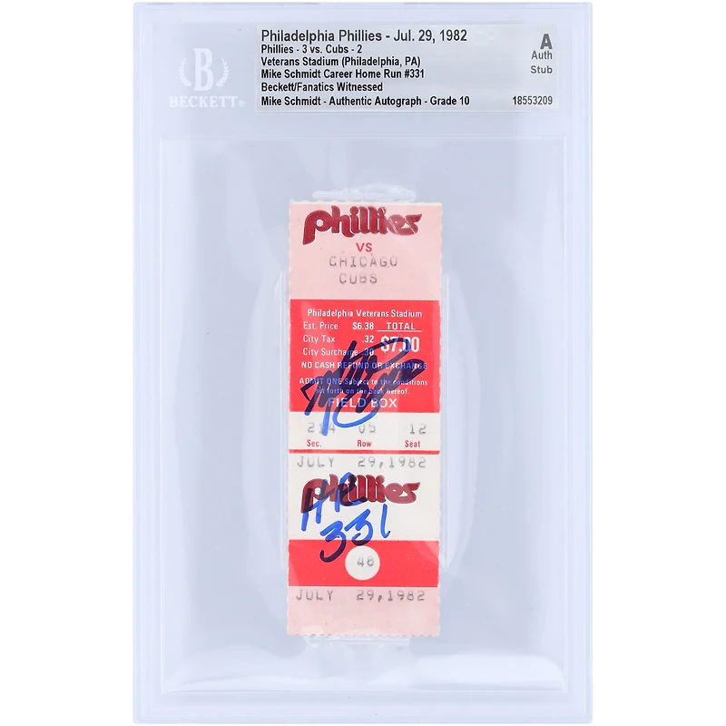 Mike Schmidt Philadelphia Phillies Autographed Career HR 331 Stub Beckett Fanatics Witnessed Authenticated Auto 10 Ticket from July 29, 1982 with "HR 331" Inscription