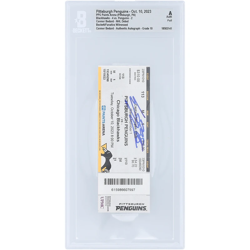 Connor Bedard Chicago Blackhawks Autographed NHL Debut Beckett Fanatics Witnessed Authenticated Auto 10 Ticket from October 10, 2023