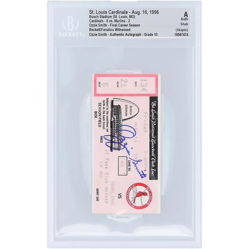 Ozzie Smith St. Louis Cardinals Autographed Final Career Season Stub Beckett Fanatics Witnessed Authenticated Auto 10 Ticket from August 16, 1996