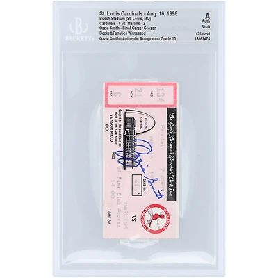 Ozzie Smith St. Louis Cardinals Autographed Final Career Season Stub Beckett Fanatics Witnessed Authenticated Auto 10 Ticket from August 16, 1996