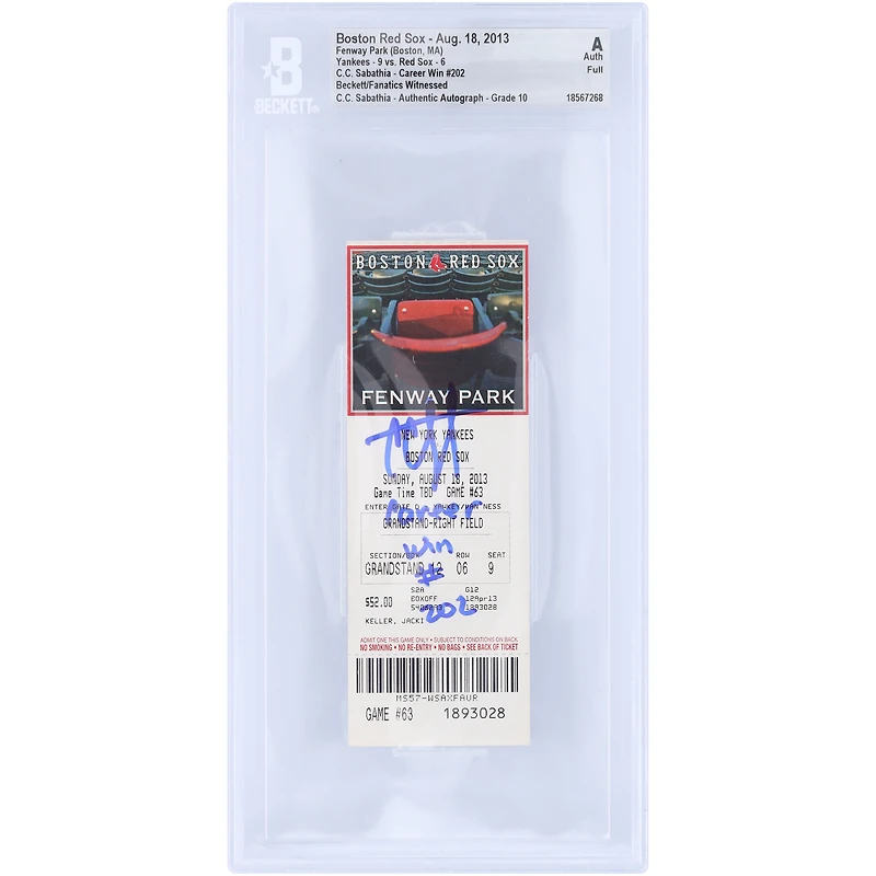 CC Sabathia New York Yankees Autographed Career Win 202 Beckett Fanatics Witnessed Authenticated Auto 10 Ticket from August 18, 2013 with "Career Win #202" Inscription