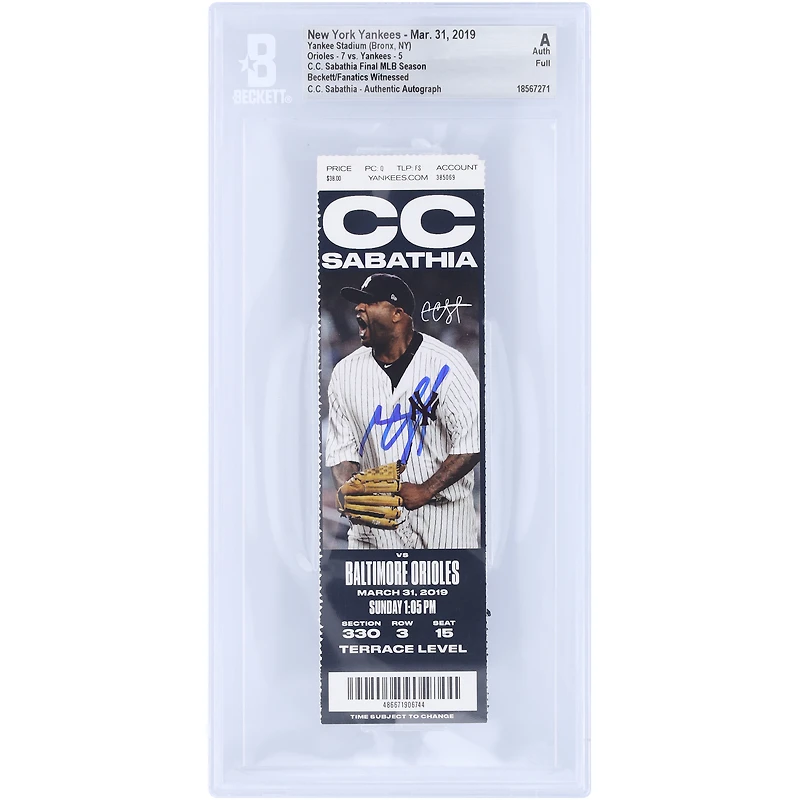 CC Sabathia New York Yankees Autographed Final MLB Season Beckett Fanatics Witnessed Authenticated Ticket from March 31, 2019