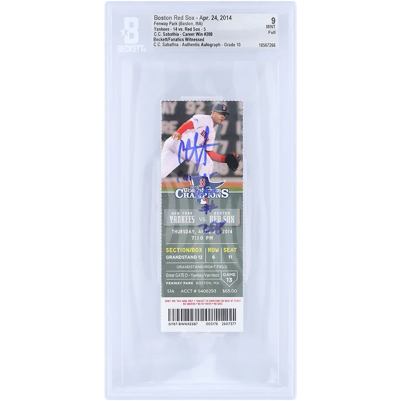 CC Sabathia New York Yankees Autographed Career Win 208 Beckett Fanatics Witnessed Authenticated / Ticket from April 24