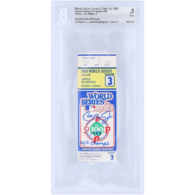 Cal Ripken Jr. Baltimore Orioles Autographed World Series Game 3 Stub Beckett Fanatics Witnessed Authenticated Auto 10 Ticket from October 14, 1983 with "1983 WS Champs" Inscription