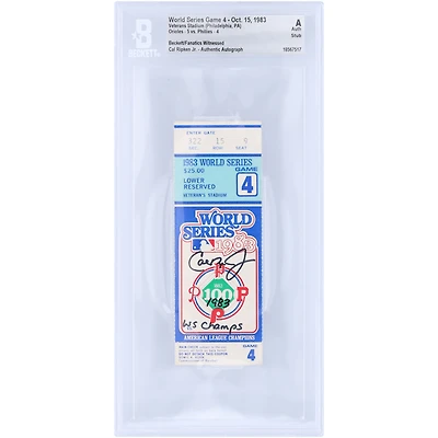 Cal Ripken Jr. Baltimore Orioles Autographed World Series Game 4 Stub Beckett Fanatics Witnessed Authenticated Ticket from October 15, 1983 with "1983 WS Champs" Inscription