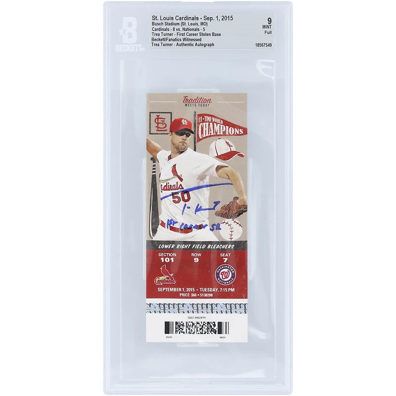 Trea Turner Washington Nationals Autographed 1st Career Stolen Base Beckett Fanatics Witnessed Authenticated Mint 9 Ticket from September 1, 2015 with "1st Career SB" Inscription