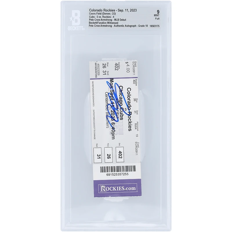 Pete Crow-Armstrong Chicago Cubs Autographed MLB Debut Beckett Fanatics Witnessed Authenticated 9/10 Ticket from September 11, 2023