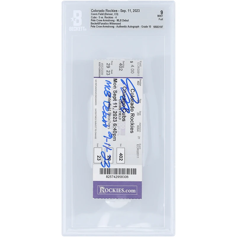 Pete Crow-Armstrong Chicago Cubs Autographed MLB Debut Beckett Fanatics Witnessed Authenticated 9/10 Ticket from September 11