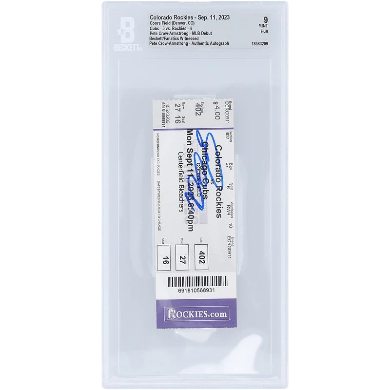 Pete Crow-Armstrong Chicago Cubs Autographed MLB Debut Beckett Fanatics Witnessed Authenticated Mint 9 Ticket from September 11, 2023