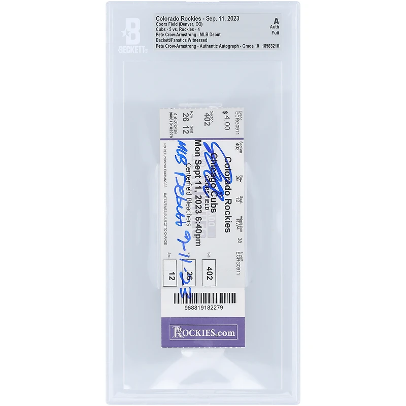 Pete Crow-Armstrong Chicago Cubs Autographed MLB Debut Beckett Fanatics Witnessed Authenticated Auto 10 Ticket from September 11, 2023 with "MLB Debut 9-11-23" Inscription