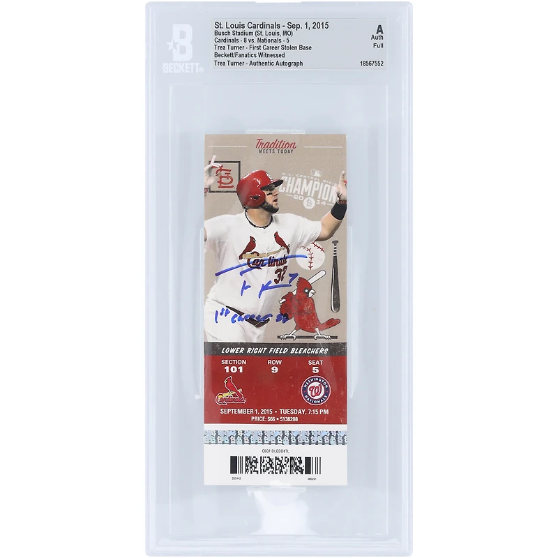 Trea Turner Washington Nationals Autographed 1st Career Stolen Base Beckett Fanatics Witnessed Authenticated Ticket from September 1, 2015 with "1st Career SB" Inscription