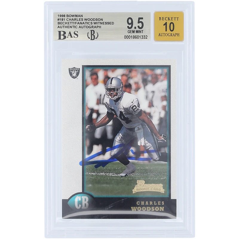 Charles Woodson Oakland Raiders Autographed 1998 Bowman #181 Beckett Fanatics Witnessed Authenticated 9.5/10 Rookie Card