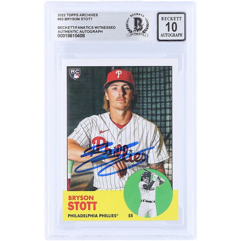 Bryson Stott Philadelphia Phillies Autographed 2022 Topps Archives #93 Beckett Fanatics Witnessed Authenticated 10 Rookie Card
