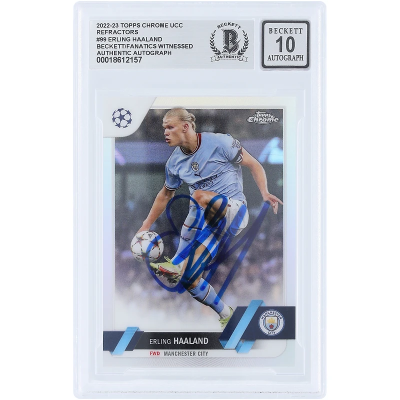 Erling Haaland Manchester City Autographed 2022-23 Topps Chrome UEFA Refractor #99 Beckett Fanatics Witnessed Authenticated 10 Card