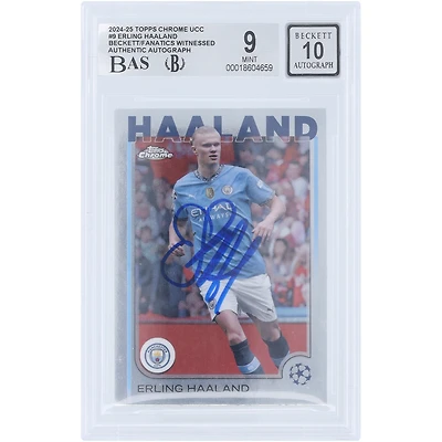 Erling Haaland Manchester City Autographed 2024-25 Topps Chrome UEFA #9 Beckett Fanatics Witnessed Authenticated 9/10 Card
