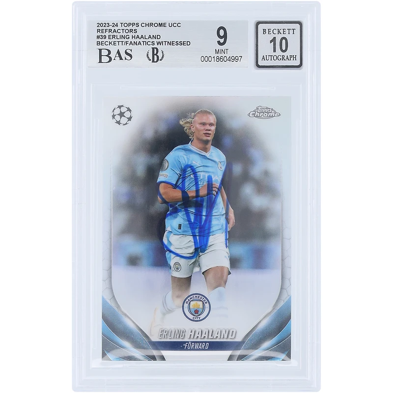 Erling Haaland Manchester City Autographed 2023-24 Topps Chrome UEFA Refractor #39 Beckett Fanatics Witnessed Authenticated 9/10 Card