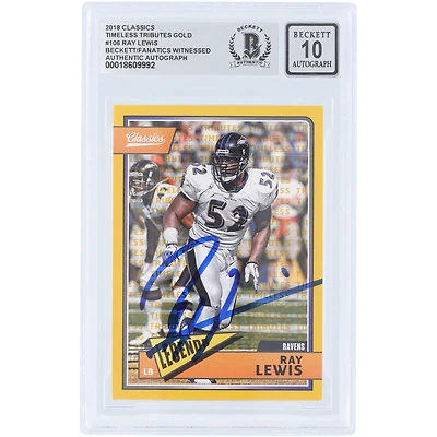 Ray Lewis Baltimore Ravens Autographed 2018 Panini Classic Timeless Tributes Gold #106 #/99 Beckett Fanatics Witnessed Authenticated 10 Card