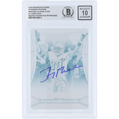 Jerry Rice San Francisco 49ers Autographed 2016 Panini Rookies & Stars Cyan Printing Plate #7 #1/1 Beckett Fanatics Witnessed Authenticated 10 Card