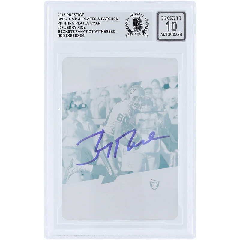 Jerry Rice Oakland Raiders Autographed 2017 Panini Prestige Cyan Printing Plate #27 #1/1 Beckett Fanatics Witnessed Authenticated 10 Card