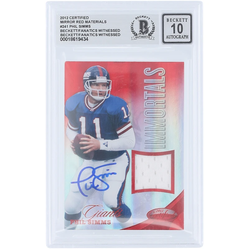 Phil Simms New York Giants Autographed 2012 Panini Certified Mirror Red Materials Jersey Relic #241 #/199 Beckett Fanatics Witnessed Authenticated 10 Card