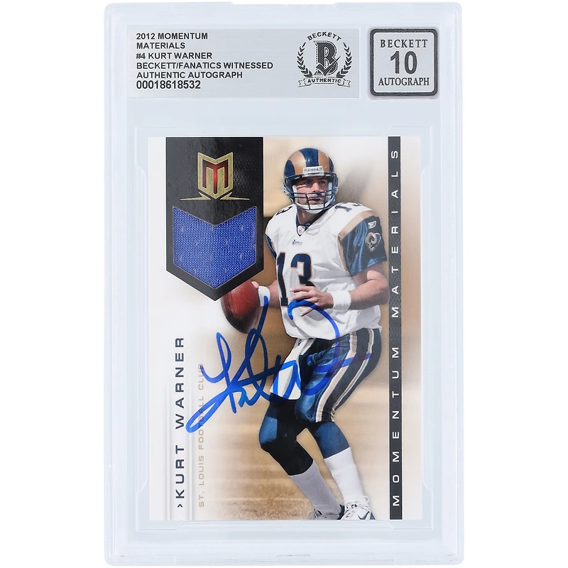 Kurt Warner St. Louis Rams Autographed 2012 Panini Momentum Materials Jersey Relic #4 #/199 Beckett Fanatics Witnessed Authenticated 10 Card